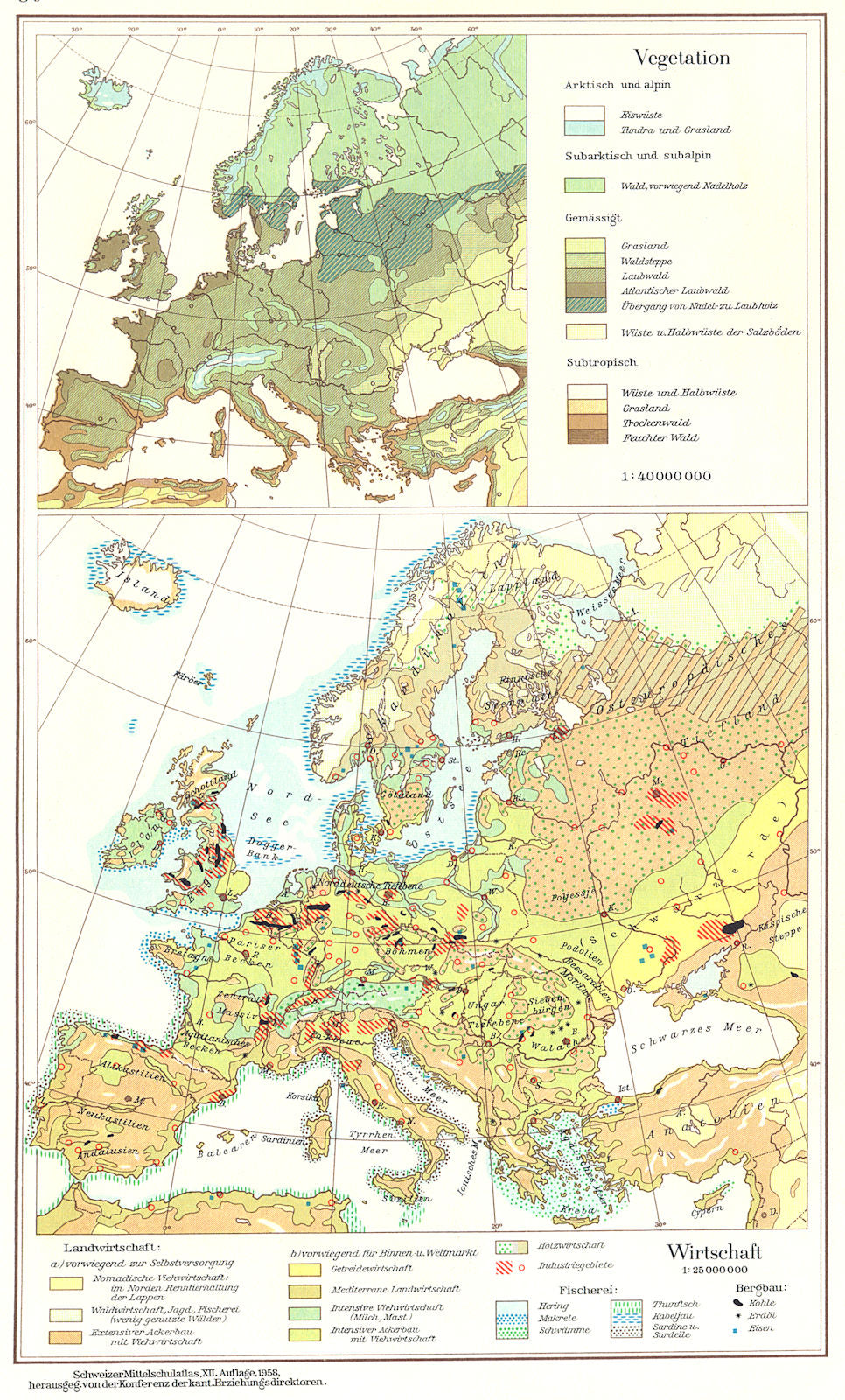 EUROPE.Europa;Wirtschaft Economy Vegetation 1958 old vintage map plan chart